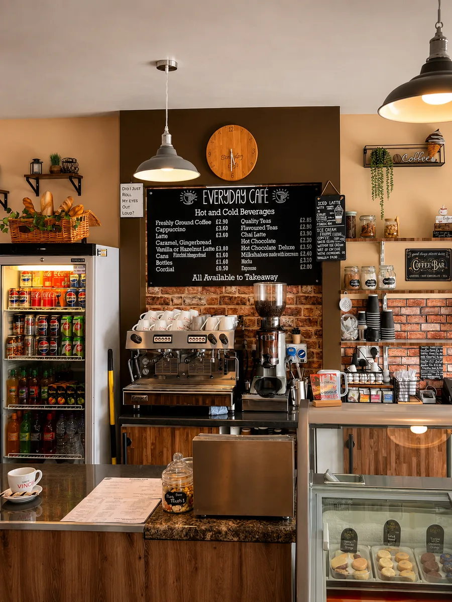 The coffee counter, drinks board and display case inside Everyday Cafe