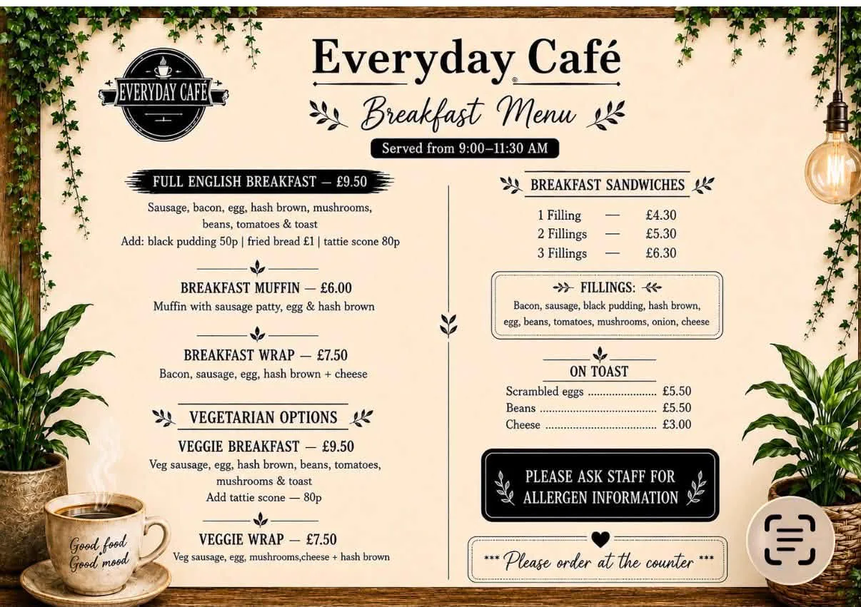 Everyday Cafe breakfast menu