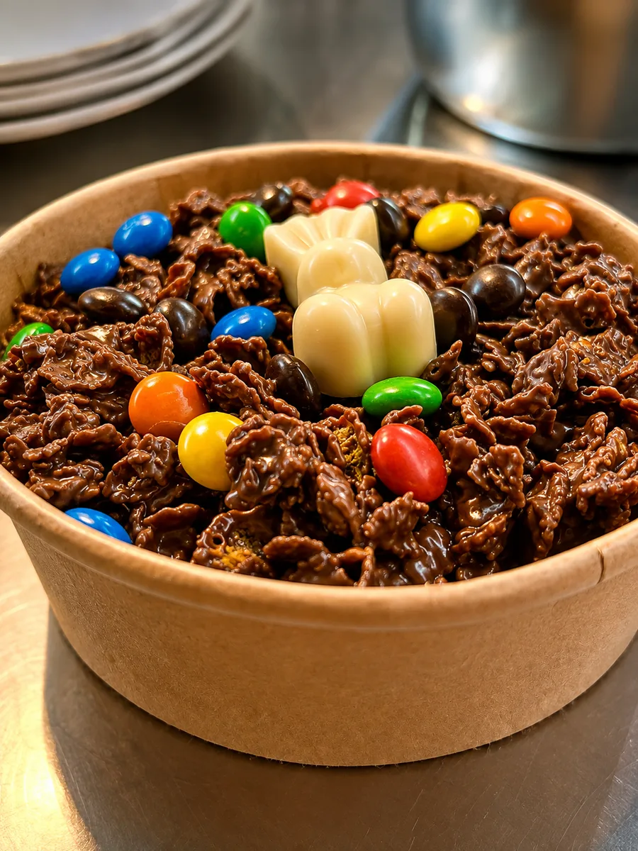 Chocolate dessert with colourful sweets in a bowl
