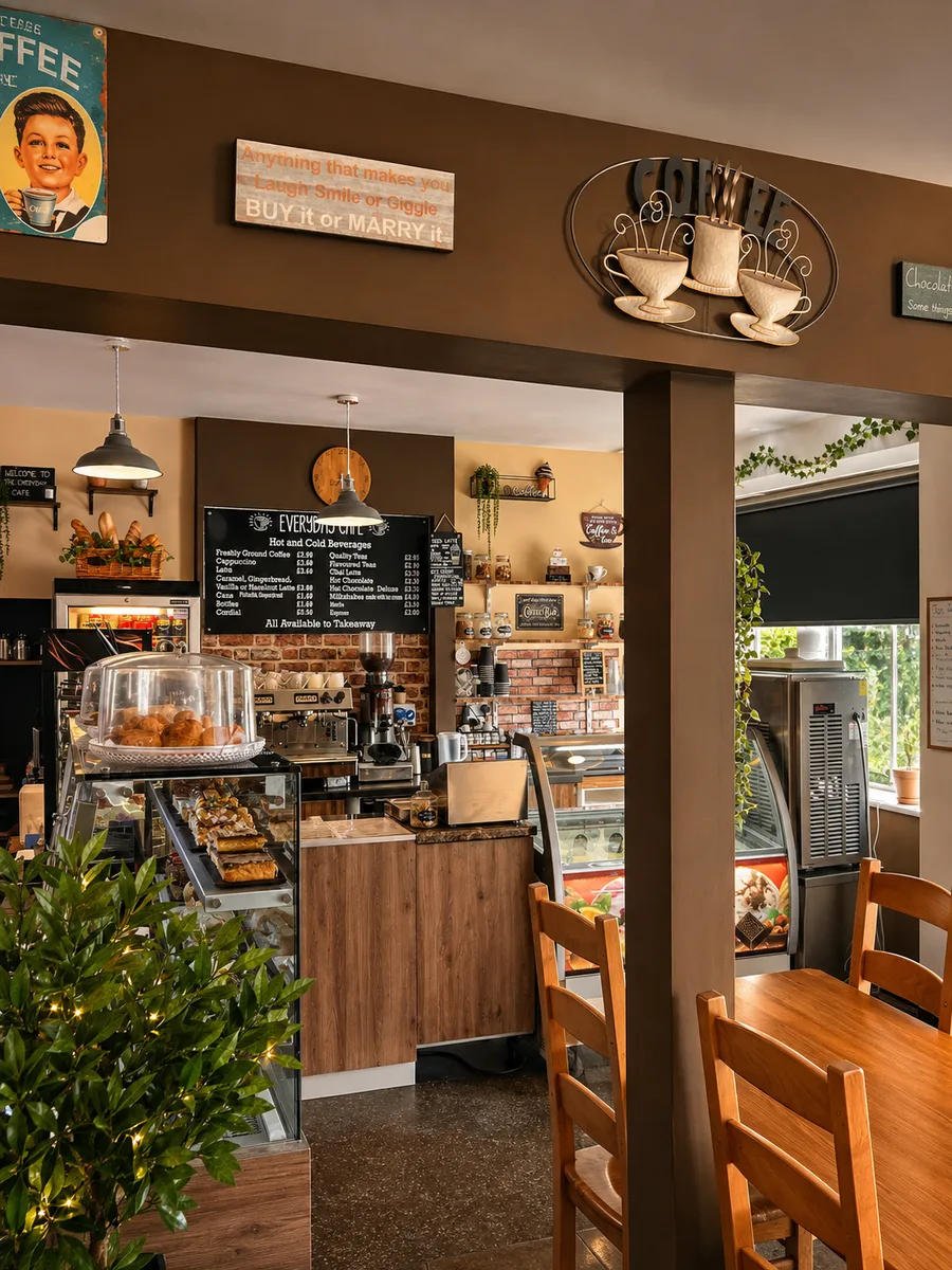 The coffee counter, display cases and seating area inside Everyday Cafe