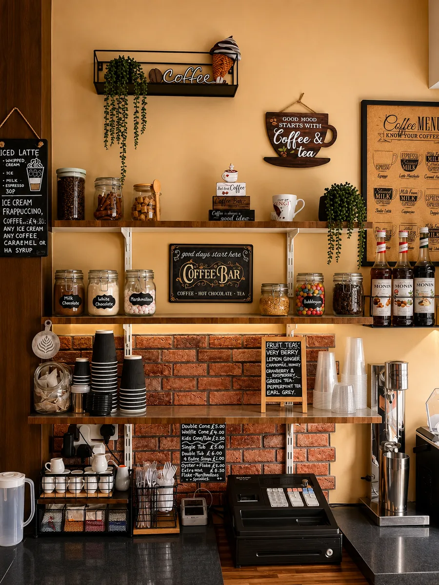 Coffee bar shelves with cups, syrups and tea at Everyday Cafe
