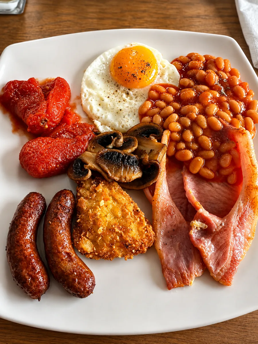 A full English breakfast with eggs, bacon, sausage, beans, mushrooms, tomatoes and hash brown