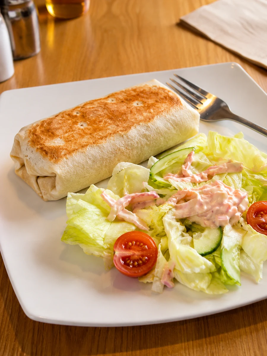 A toasted wrap served with a fresh side salad at Everyday Cafe